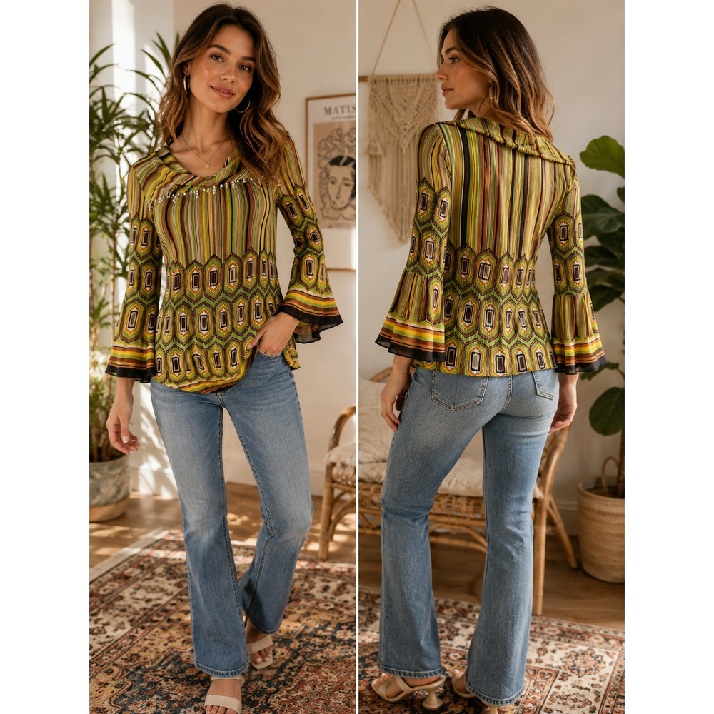Nicola Green Orange Retro Geometric Pleated Beaded Top Med Y2K Artsy Groovy Boho